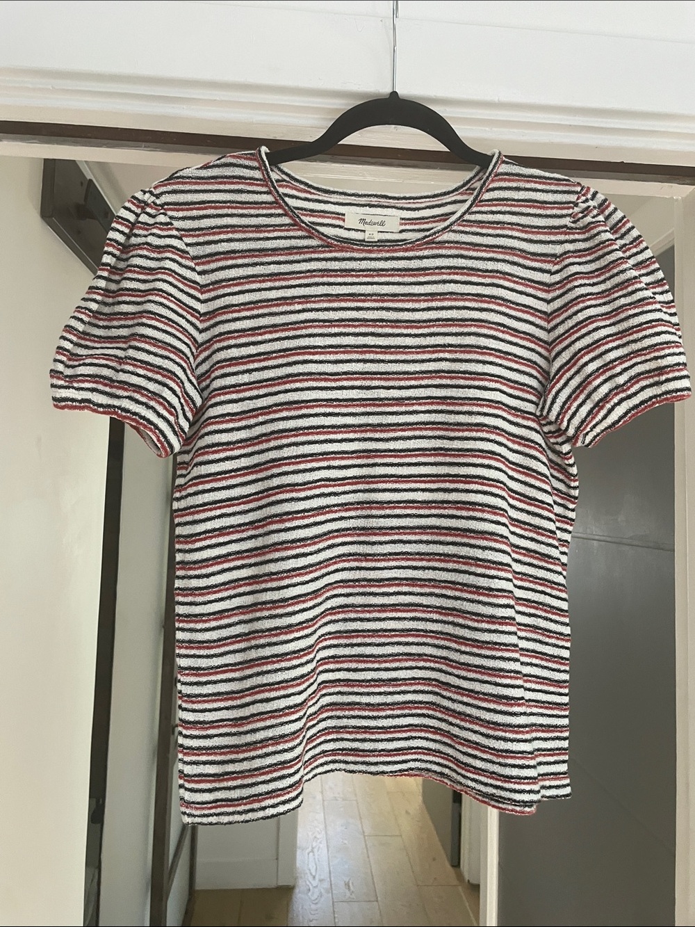 Madewell Stripe Puff Sleeve Textured Tee in Ivory, Black & Red XS 100% Cotton
